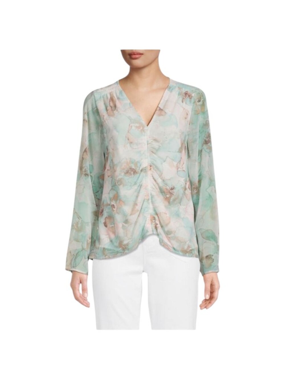 Calvin Klein Women's Watercolor Print Ruched V Neck Top, Long Sleeves Size 1X